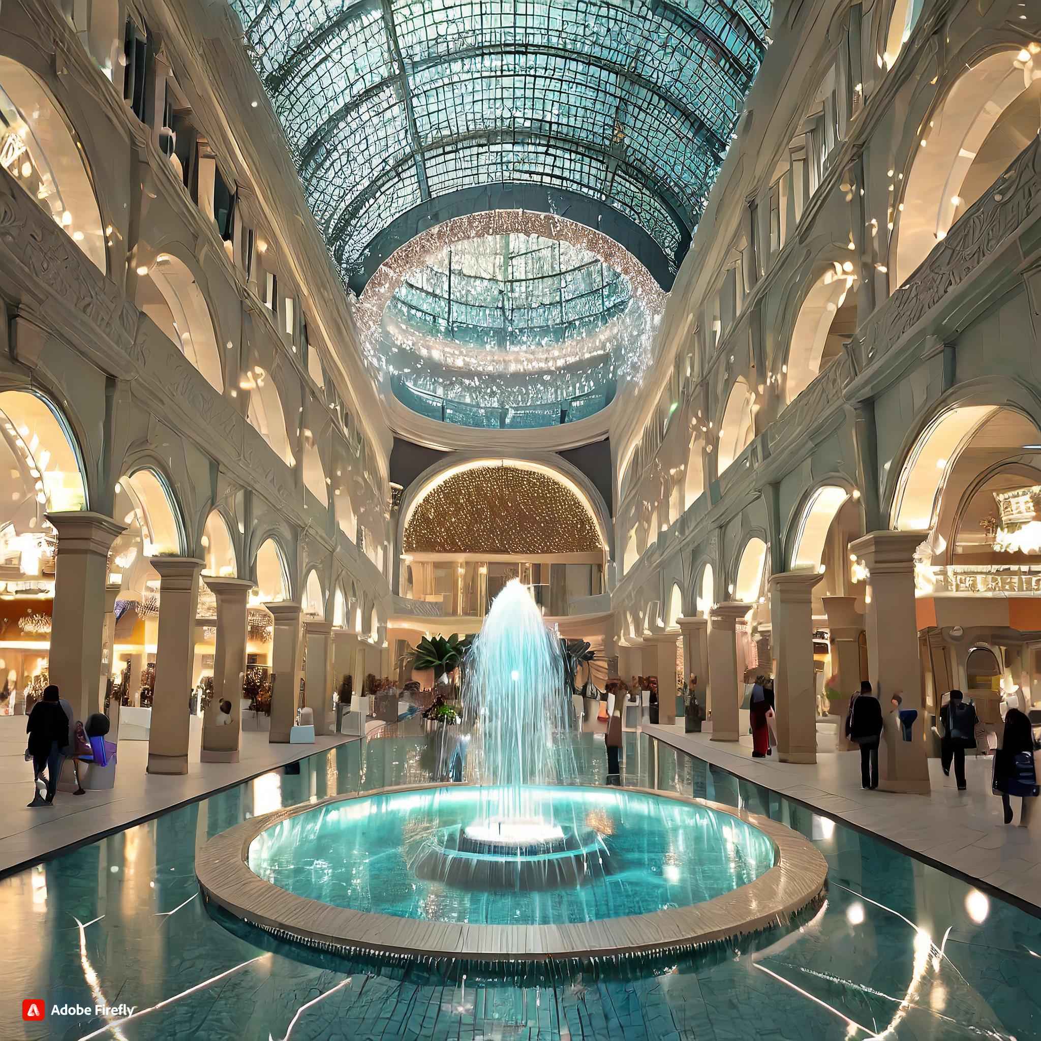 Photo of large shopping mall retro style with small circular fountain in the middle and people shopping